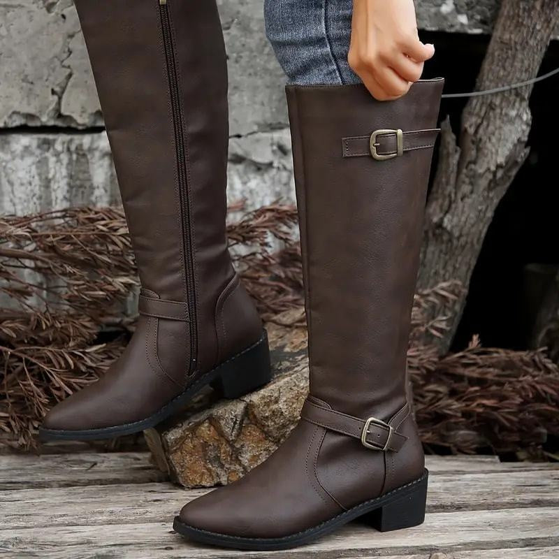 Women's Brown Faux Knee-High Boots with Metal Buckles for Casual Outdoor Wear