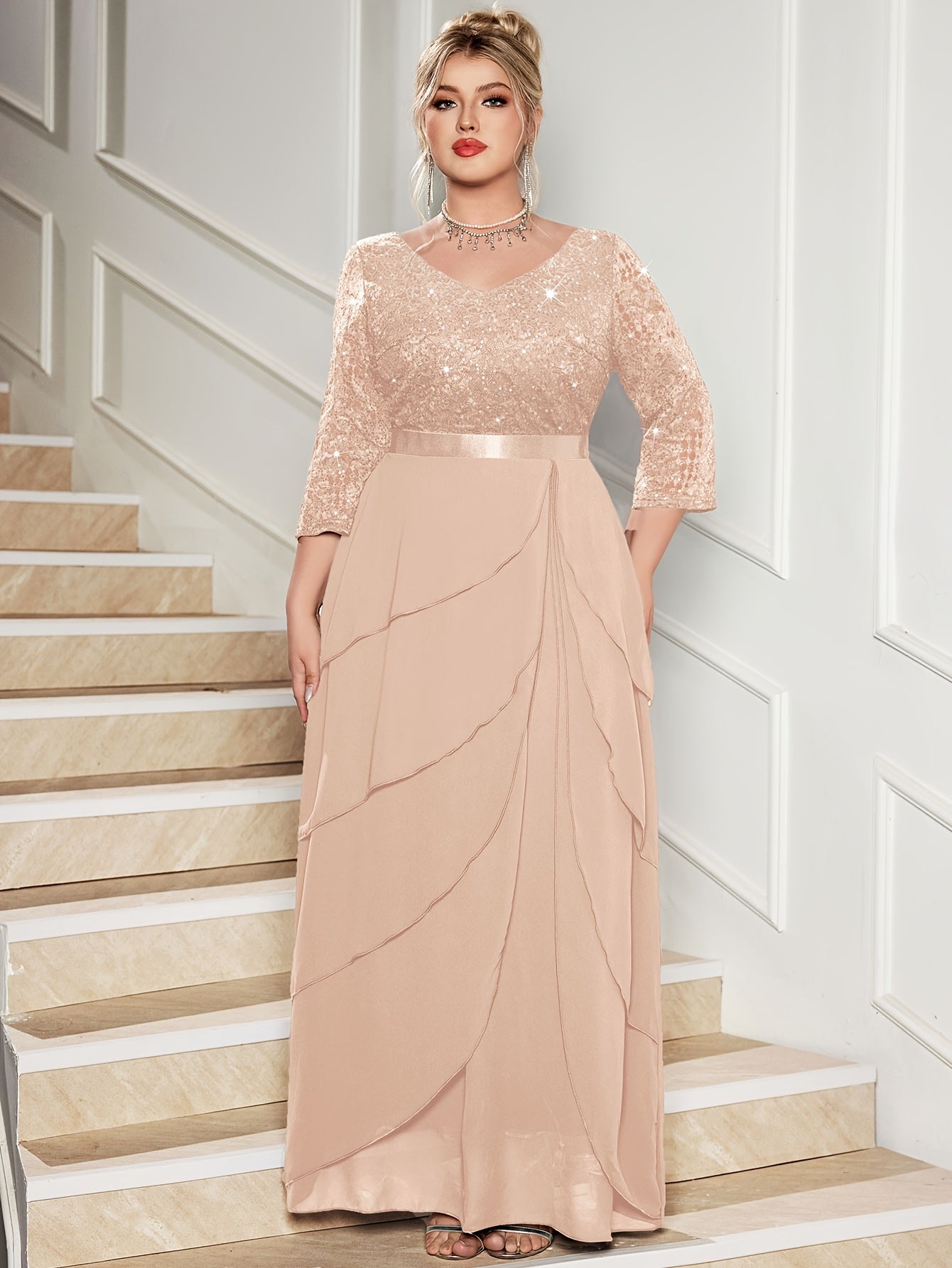 Plus Size Women's Sequin Lace V-Neck Maxi Dress Formal Evening Gown