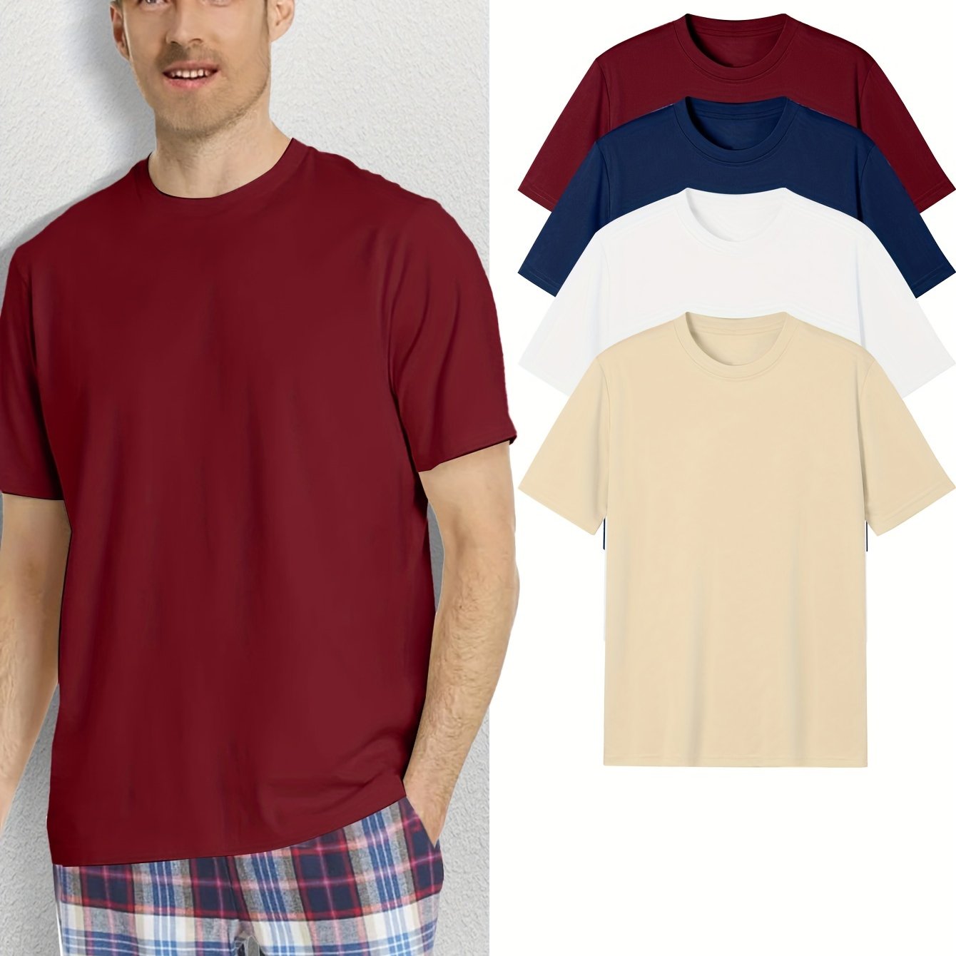 Set of 4 Men's Solid Color Short Sleeve T-Shirts Polyester Crew Neck Casual Tops