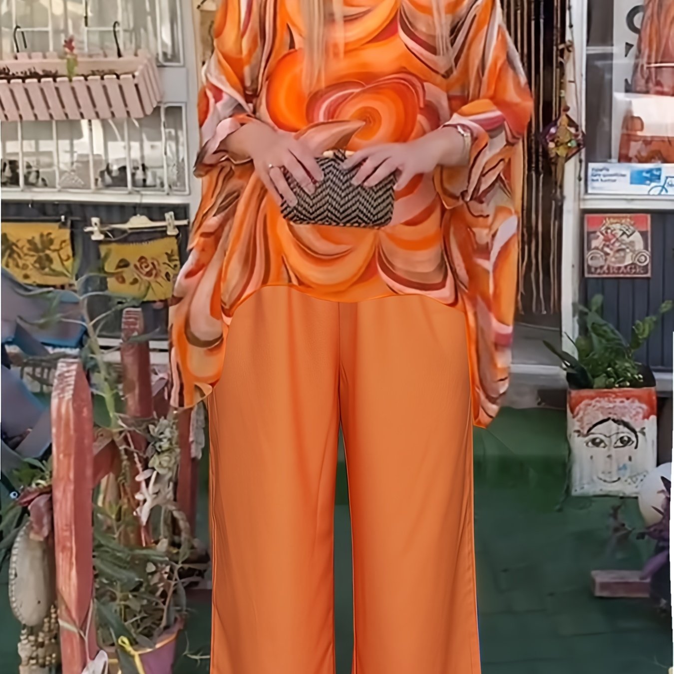 Women's Two-Piece Outfit Abstract Swirl Print Crew Neck Top Black Pants Polyester Blend Spring Summer