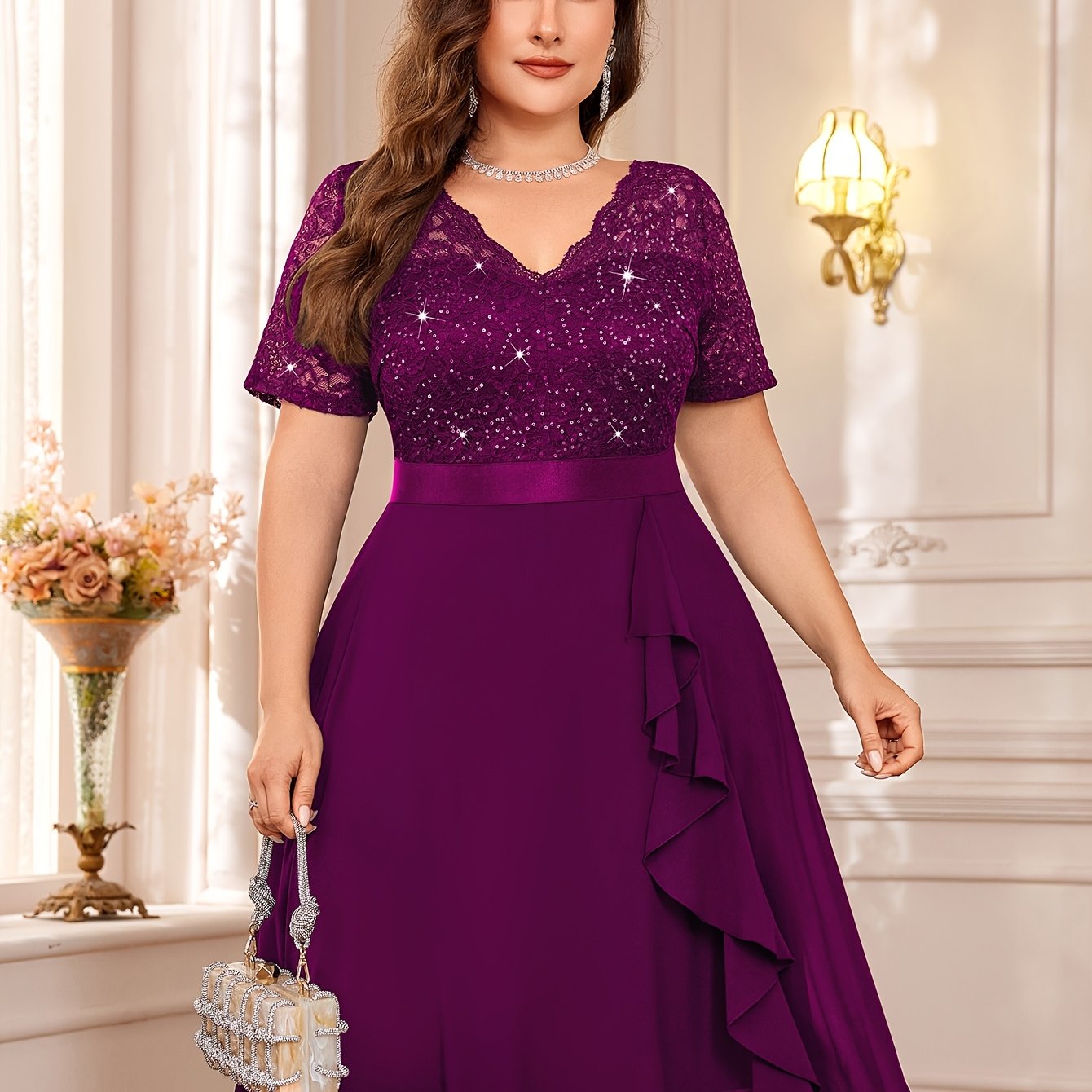 Women's Sequin Lace Chiffon V-Neck Cocktail Party Dress