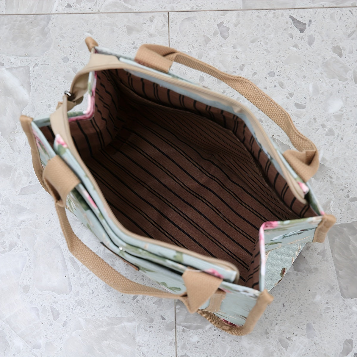 Floral Print Canvas Tote Bag with Zipper Closure and Fixed Shoulder Straps for Daily Commute Black Beige Green