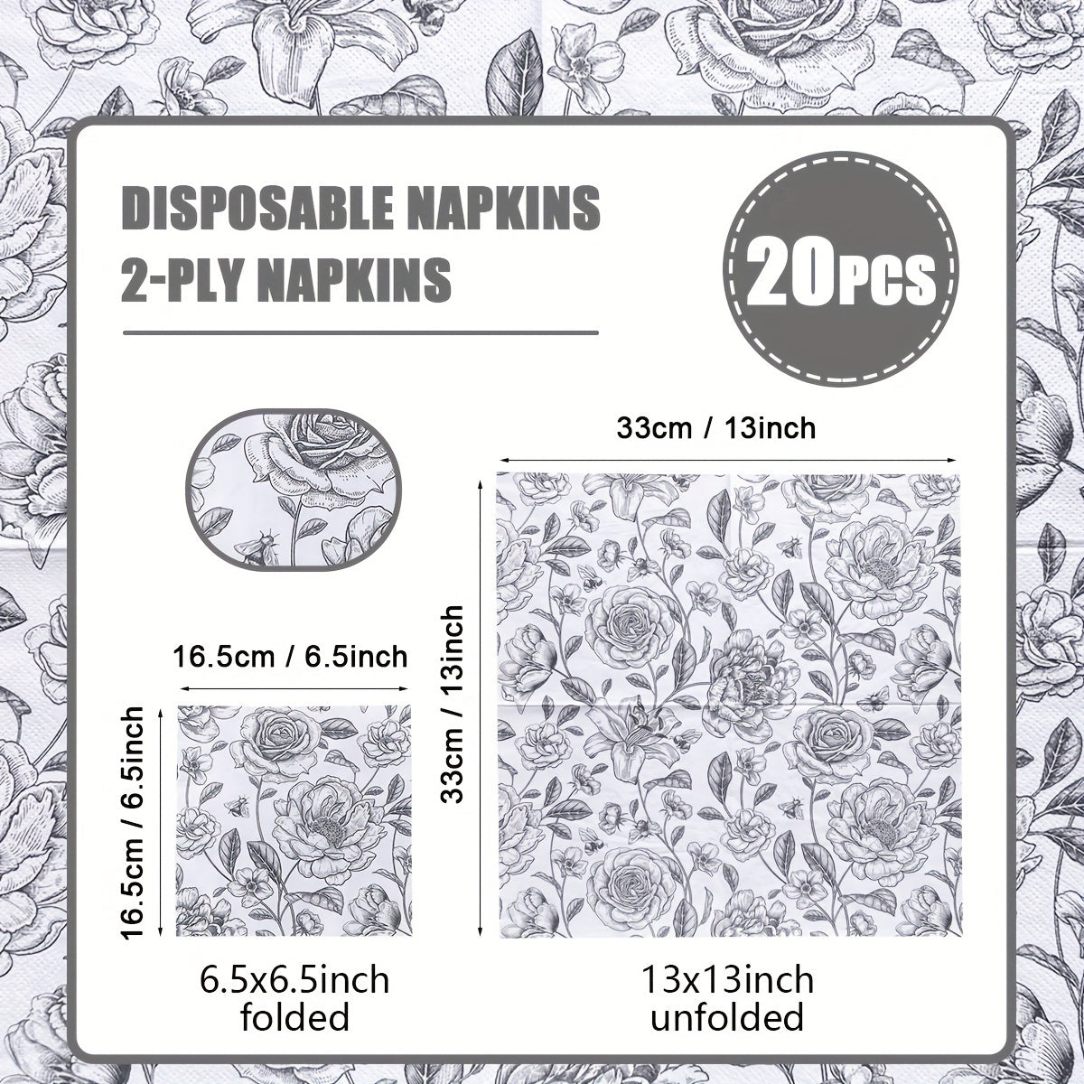 Set of 20 Floral Design Paper Napkins Square Disposable Wedding Thanksgiving Decor 33x33cm