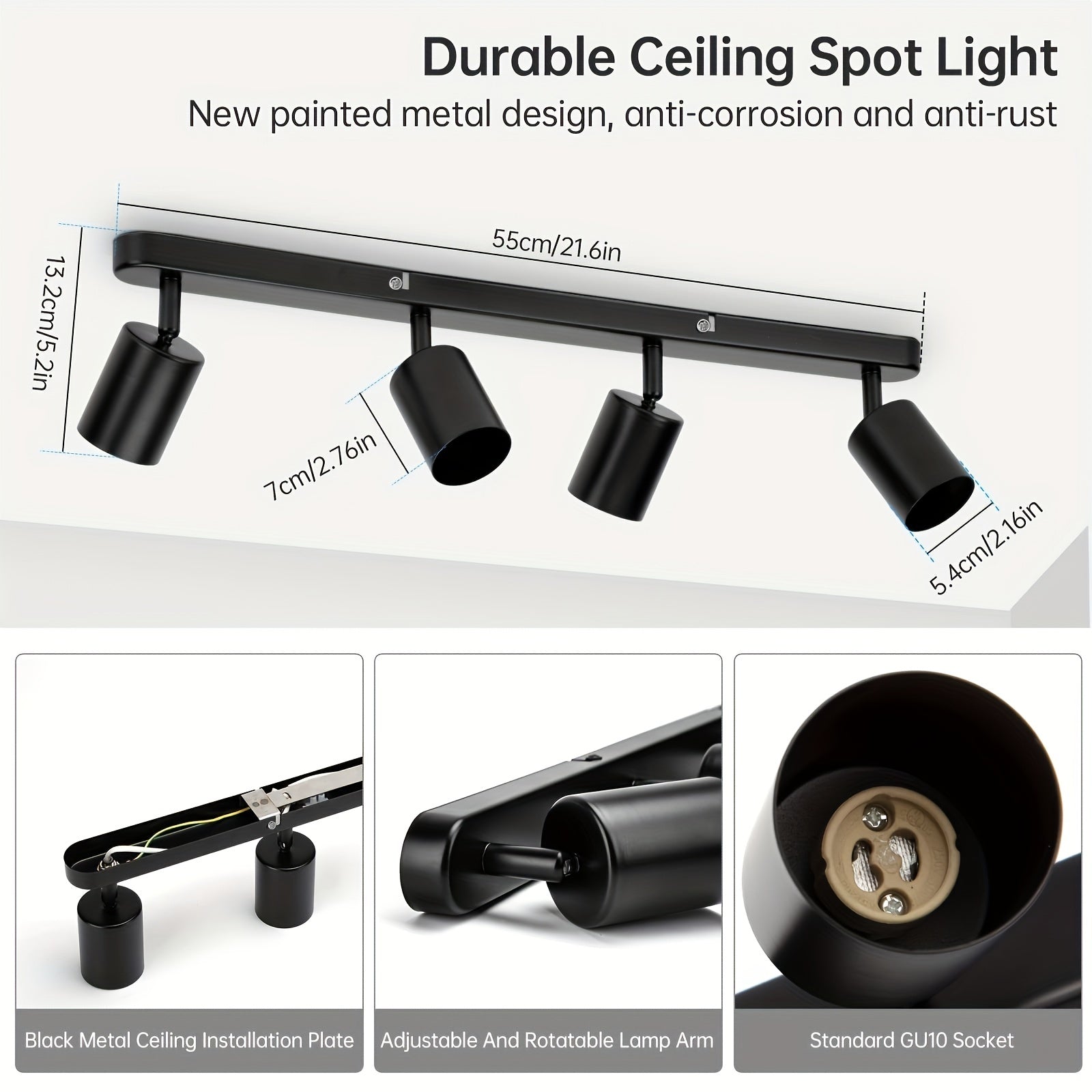 Zamonaviy qora proyektor bar uchun 4 ta aylanuvchi GU10 lampali LED shift chirog'i, oshxona, yotoqxona va yashash xonasi uchun mos (lampalar kiritilmagan).