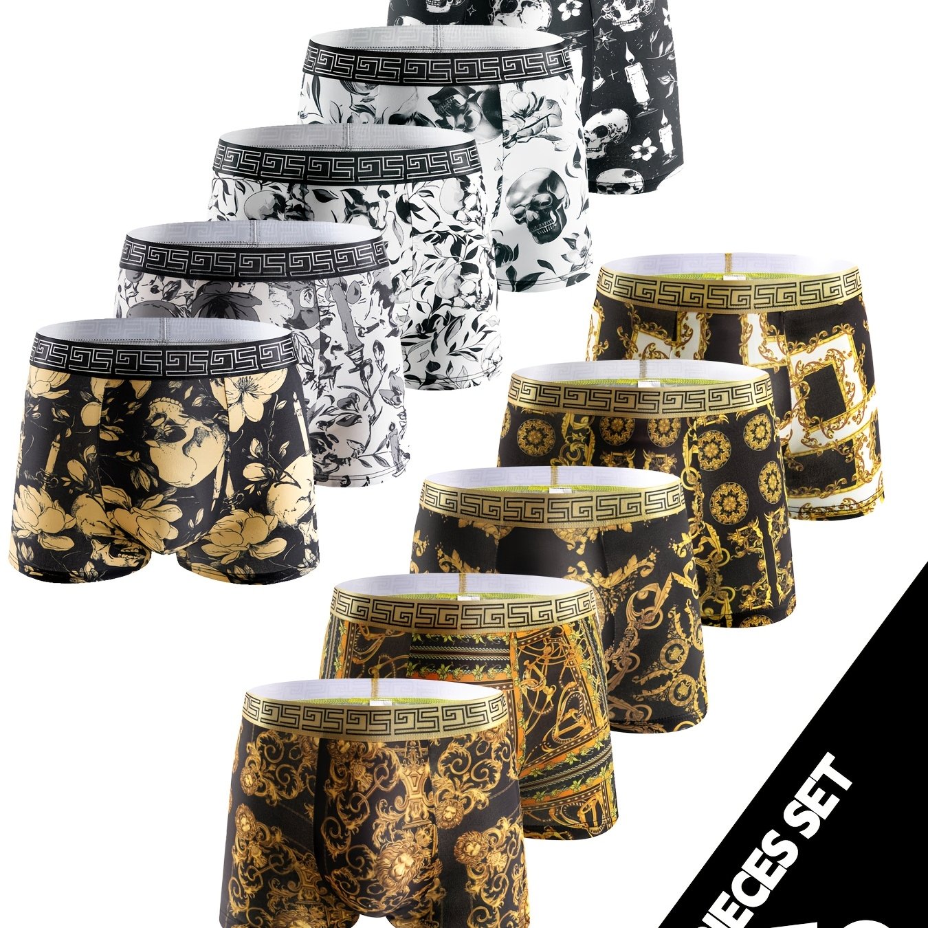 Set of 10 Geometric Pattern Boxer Briefs for Men Polyester Elastane Medium Stretch