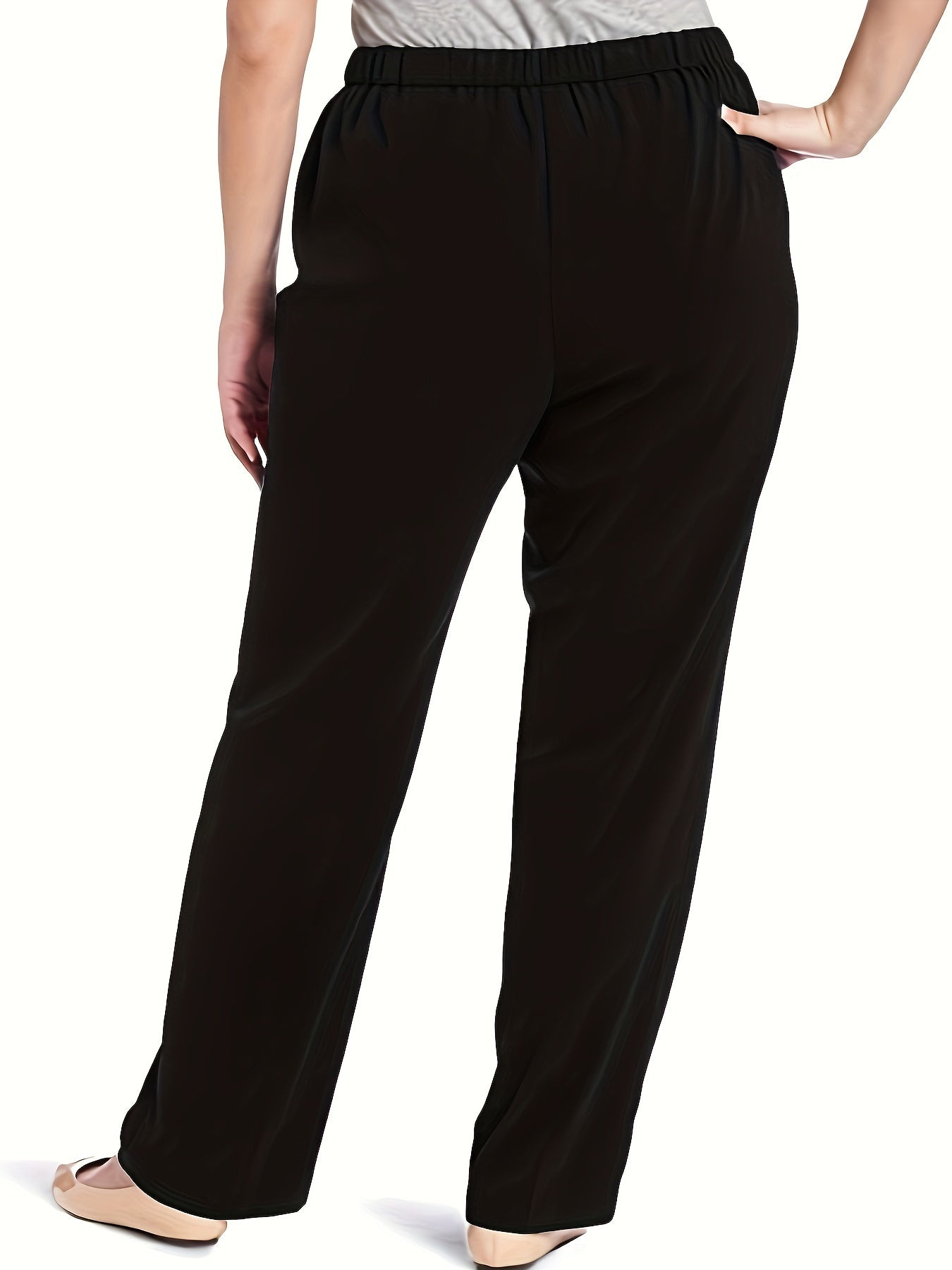 Plus Size High-Waisted Straight Leg Pants Polyester Pockets Spring Fall