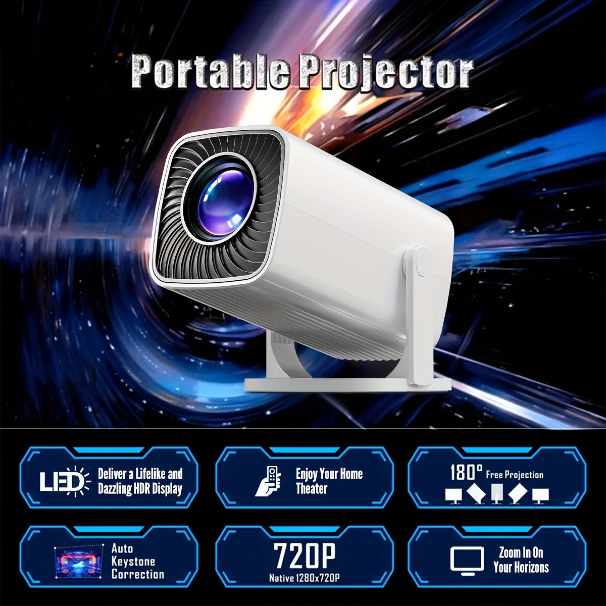 Portable 1080P Projector with 180° Adjustable Angle for Indoor Outdoor Use