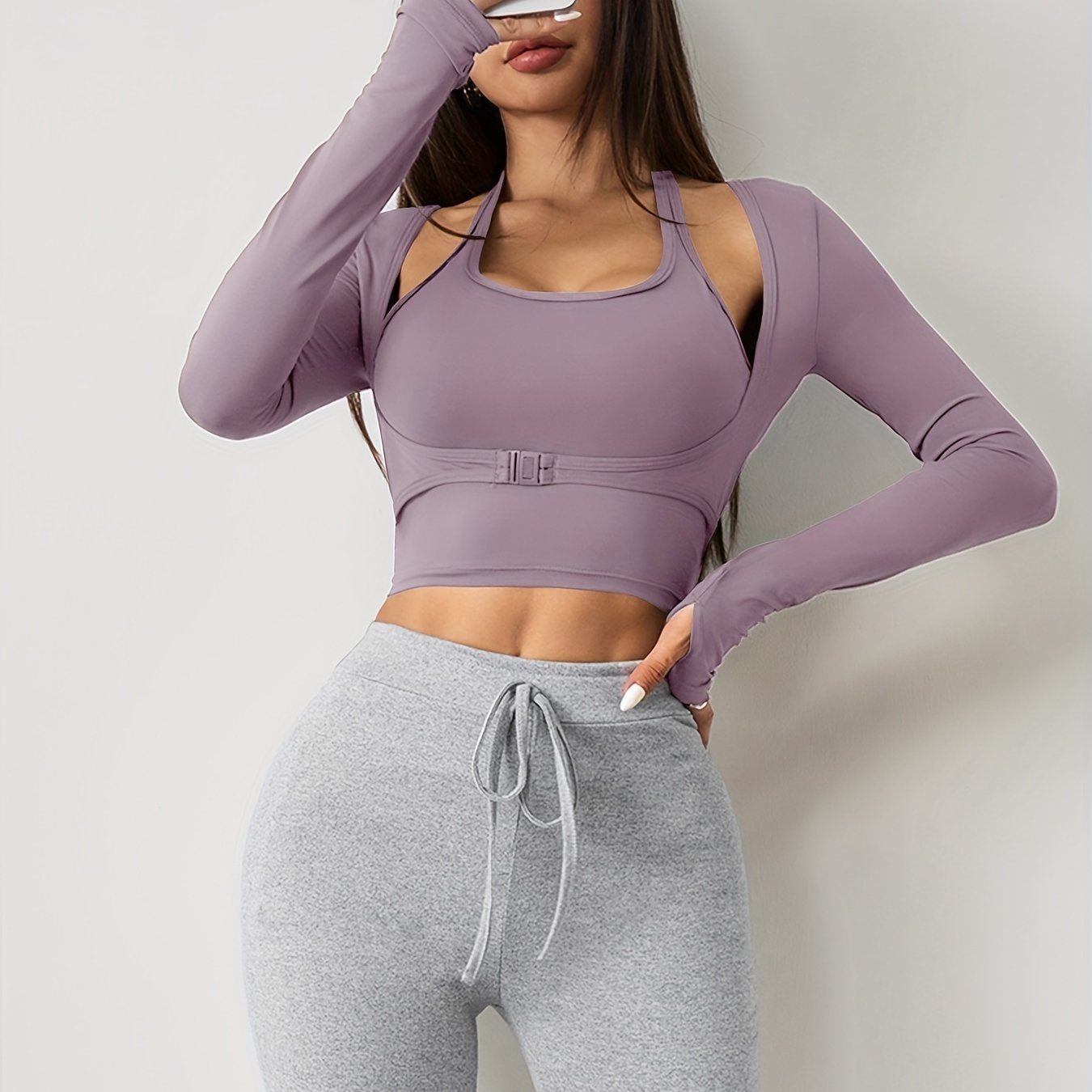 Ayollar uchun uzun qo'lqonli yoga bluzkasi, ichki brassiz, kuz va qish mavsumi uchun tikuvsiz sport crop top.