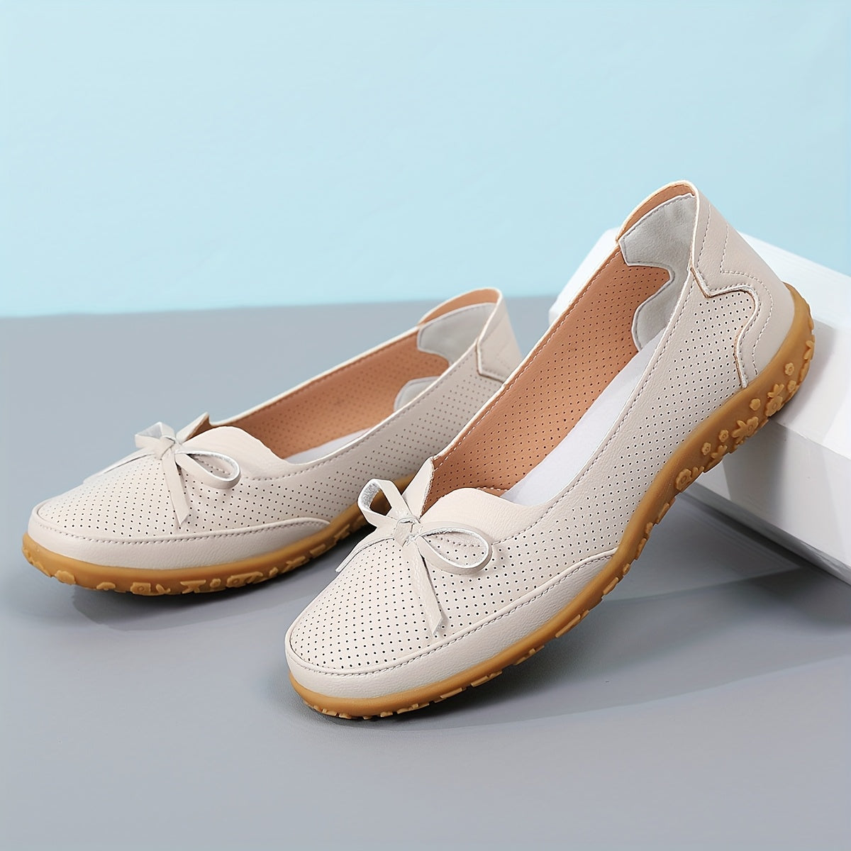Women's White Slip-On Flats with Bow, Ventilation Holes, Comfortable Sole