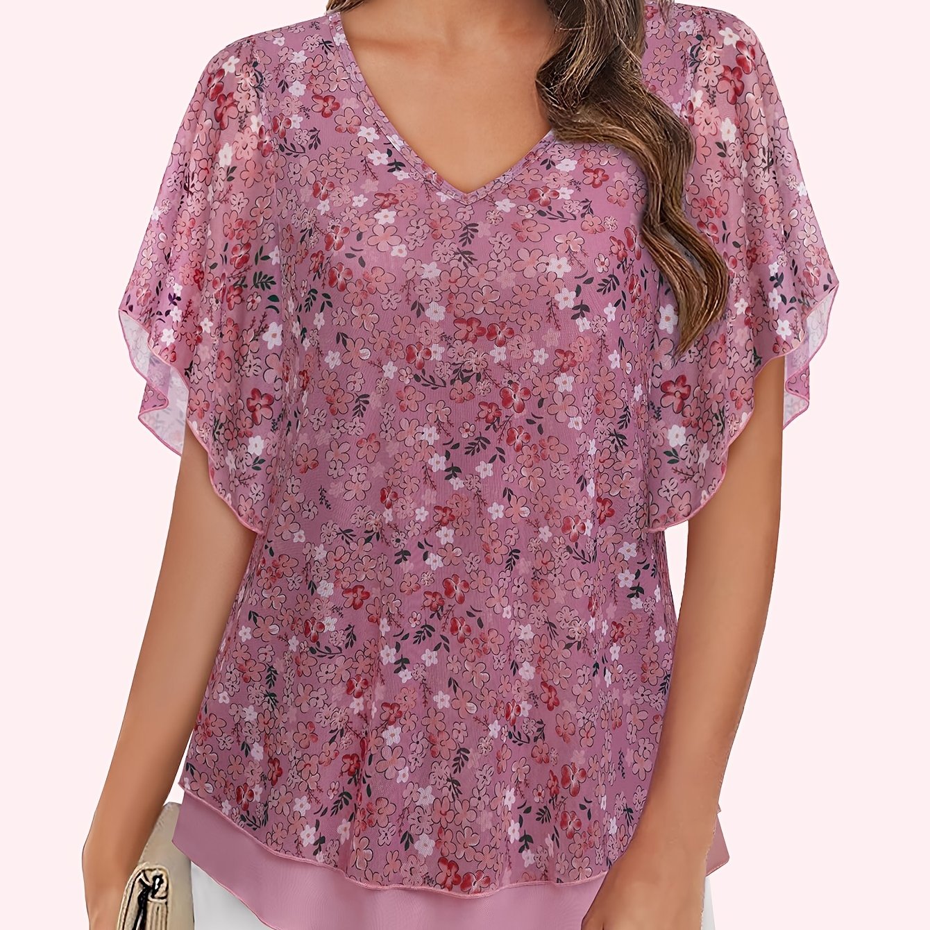 Women's Mesh Blouse Short Sleeve V-Neck Floral Ruffle Summer Tunic Top