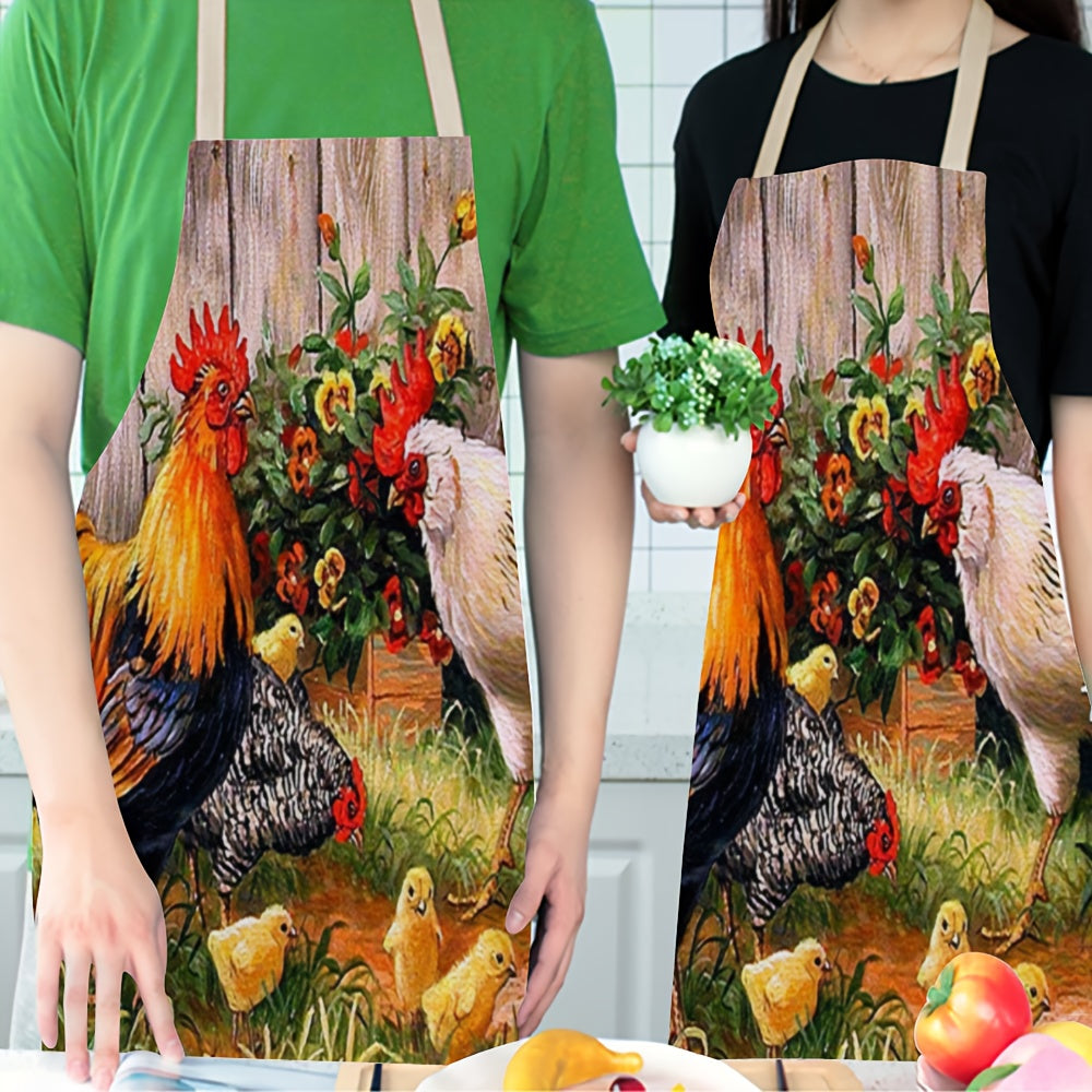 Linen Apron with Soft Rooster Print and Thickened Waist for Kitchen and Housework