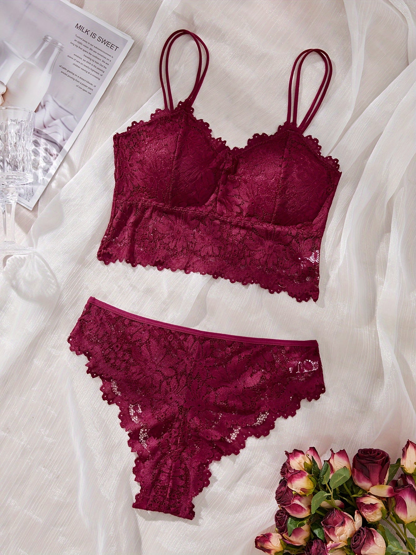 Women’s Lace Sunflower Suspender Lingerie Set No Steel Ring Monochrome