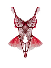 Women's Lingerie Body Suit with Embroidery Bow Hollow Design and Steel Ring Set