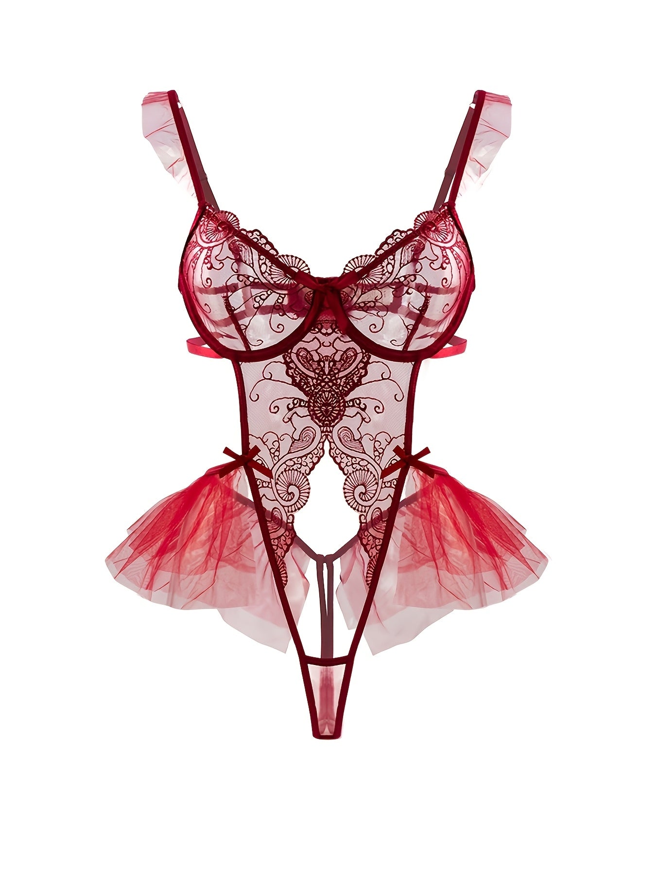 Women's Lingerie Body Suit with Embroidery Bow Hollow Design and Steel Ring Set