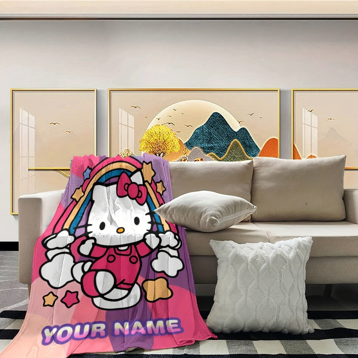 Personalized Cartoon Hello Kitty Flannel Blanket for Kids and Adults