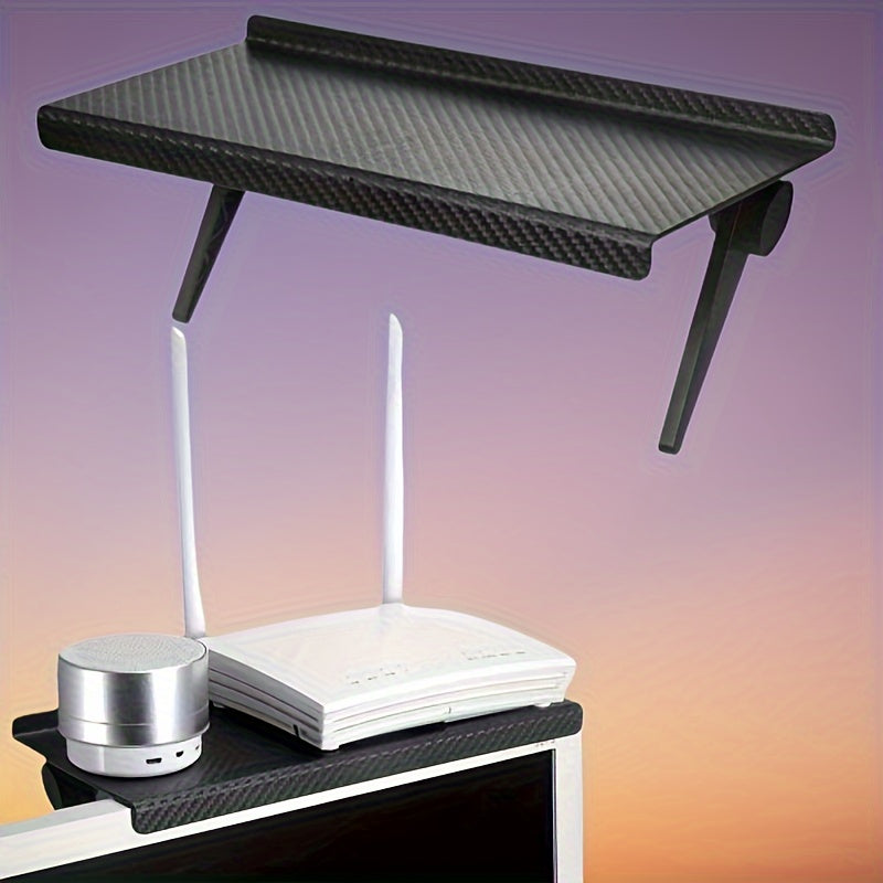 Sozlanadigan TV ekranining yuqori javoni, karbon tolasi ko‘rinishida, teshiksiz monitorni ko‘taruvchi, joyni tejovchi elektronika tashkilotchisi