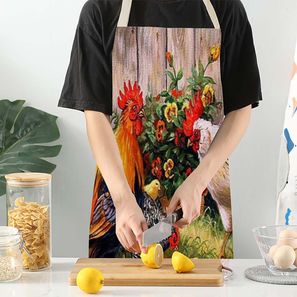Linen Apron with Soft Rooster Print and Thickened Waist for Kitchen and Housework