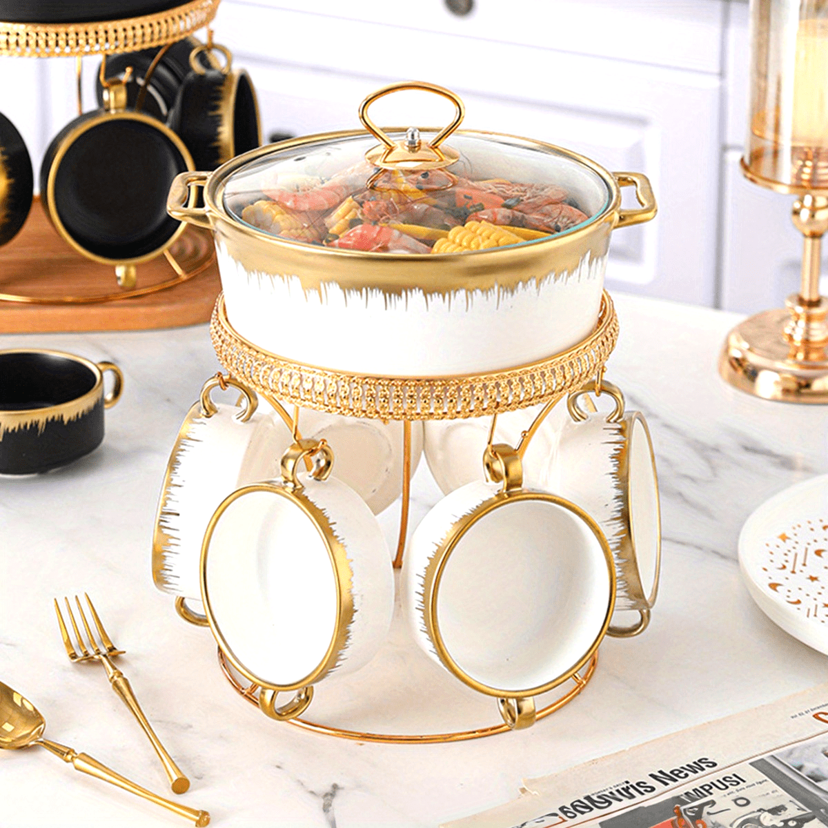 Ceramic Soup Pot Set 7 Pieces Large Kitchen Cookware with Lids