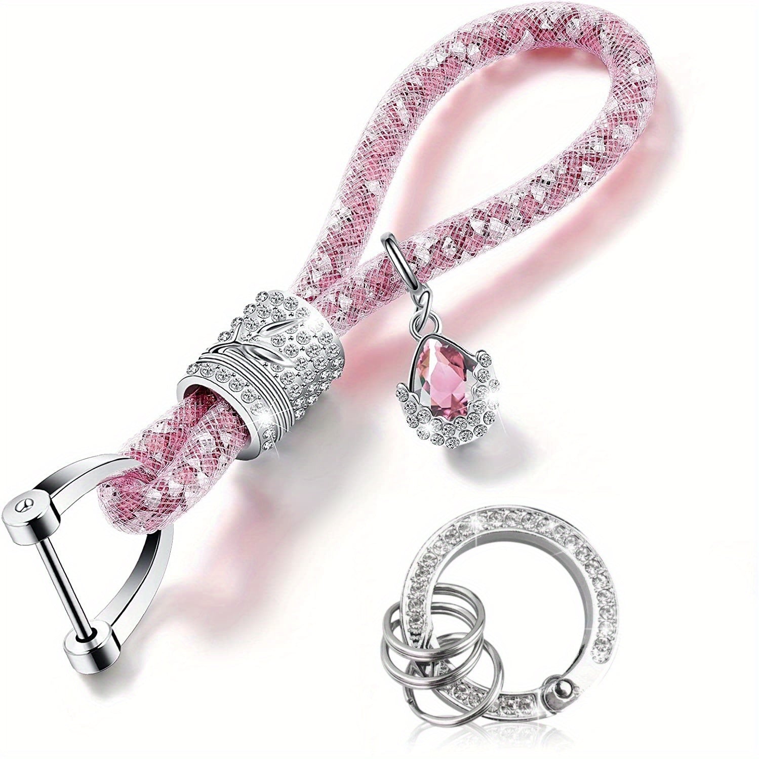 Crystal Bling Car Keychain for Women, Rhinestone Ring and Strap Accessory