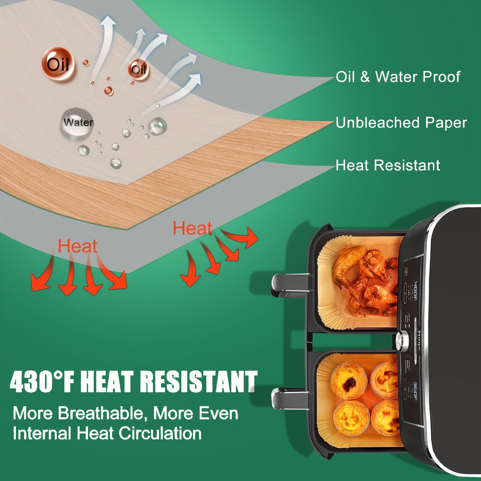 Katta toʻgʻri burchakli silikon qogʻozli Air Fryer liners - 50ta/100ta, yopishmaydigan, oson tozalash, joyni tejovchi, pechga mos, bir martalik qogʻoz savatlar pishirish, pishirish va taom xizmat qilish uchun - Uy oshpazlari uchun ideal oshxona asbobi