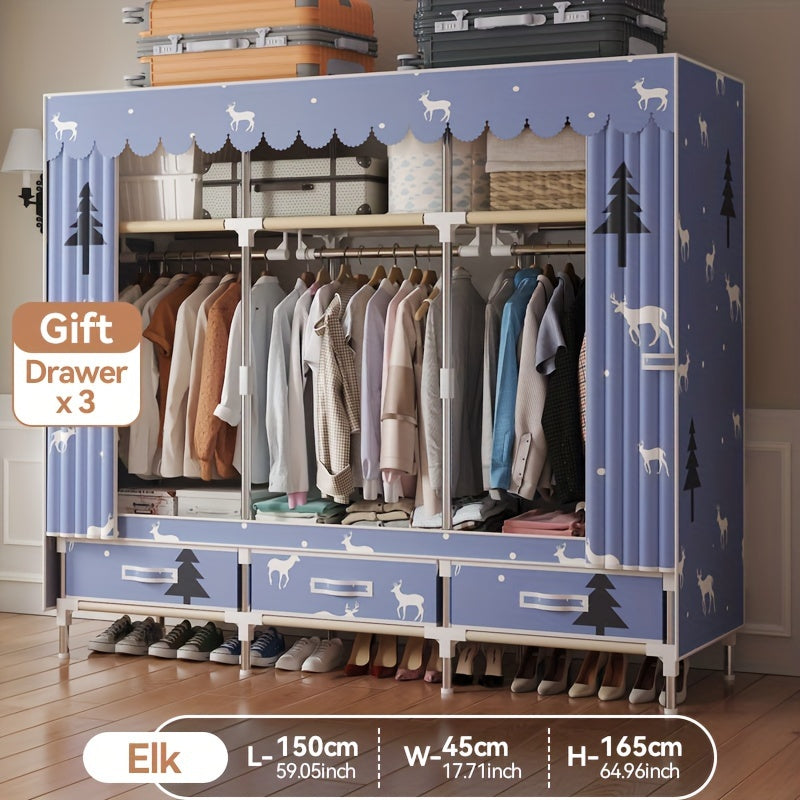 Pink Floral and Bird Pattern Wardrobe Closet with Cover and Metal Frame for Bedroom or Rental Space