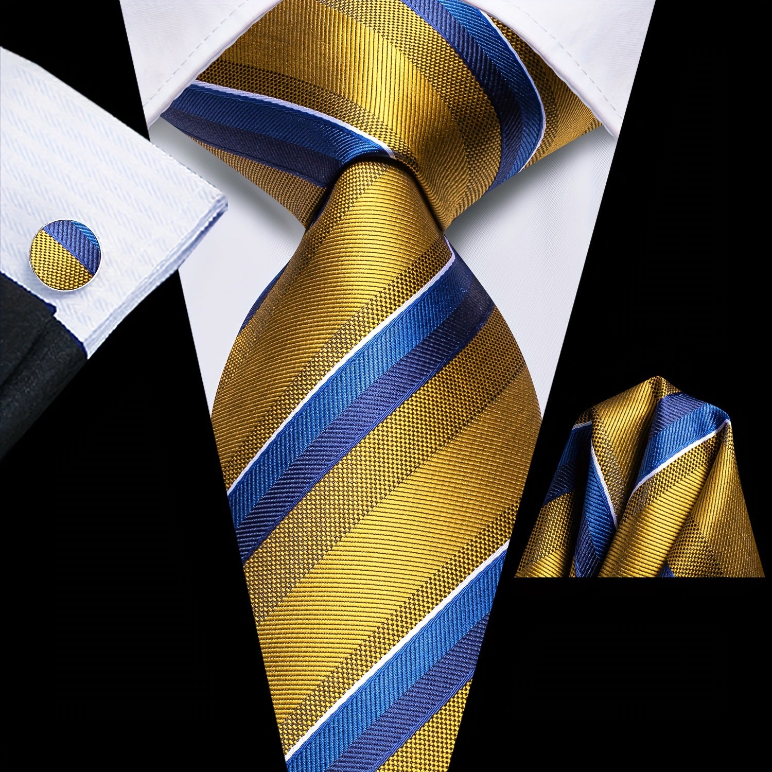 Men's Classic Striped Necktie Set with Cufflinks for Business and Party