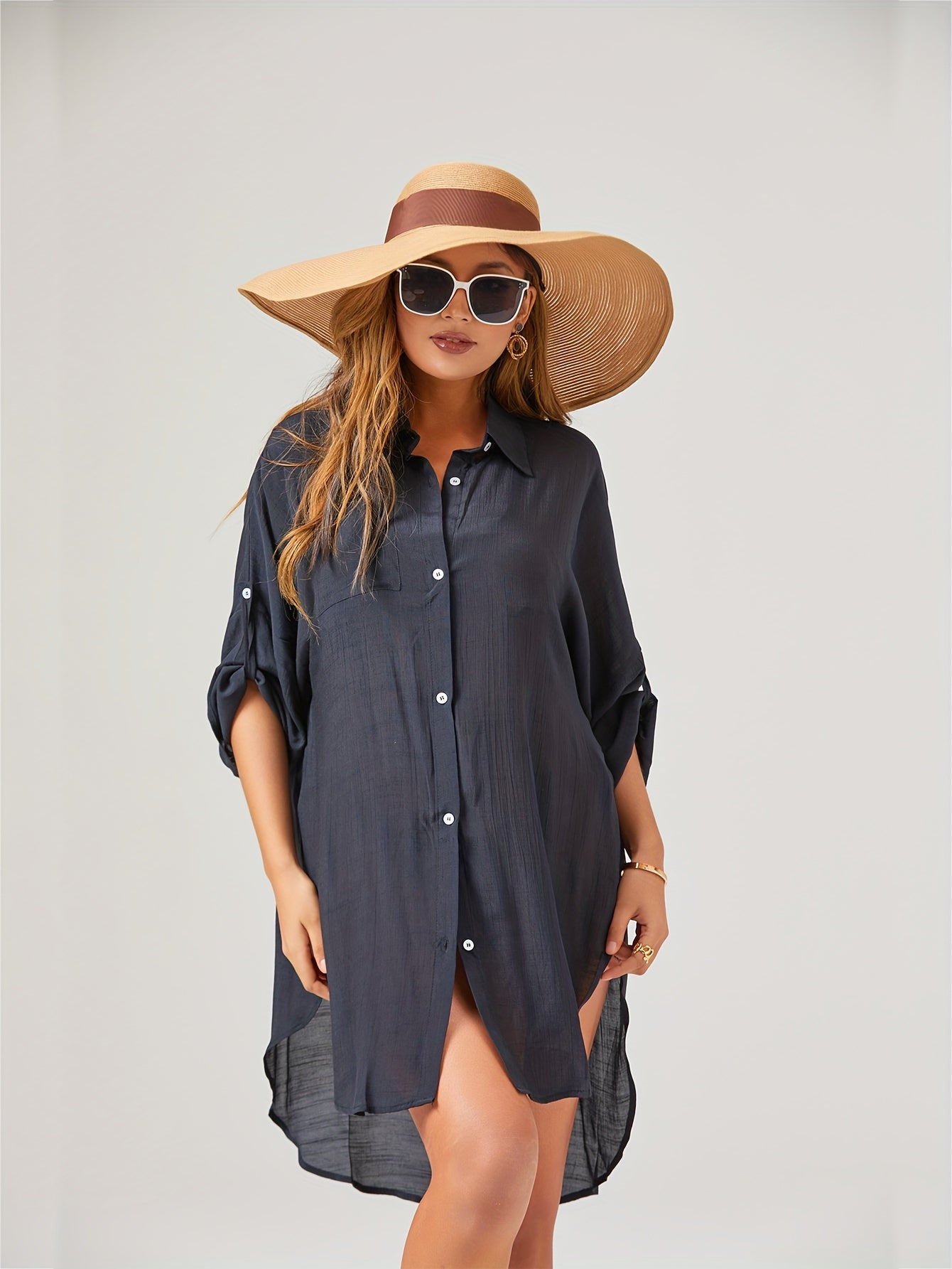 Women's Plus Size V-Neck Long Sleeve Sun Protective Beach Cover-Up