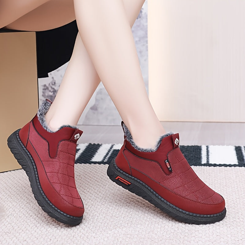 Women's Fleece-Lined Slip-On Ankle Boots Casual Solid Color Fabric