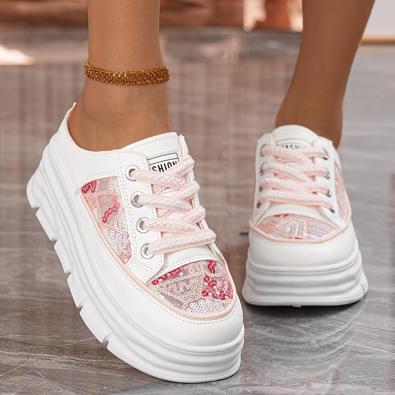 Women's Summer Platform Sneakers with Sequin Accents Breathable PU Rubber Sole