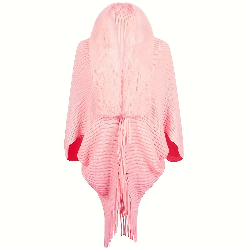 Winter Shawl with Faux Fur Collar Solid Color Loose Fit Knit Wrap Coat