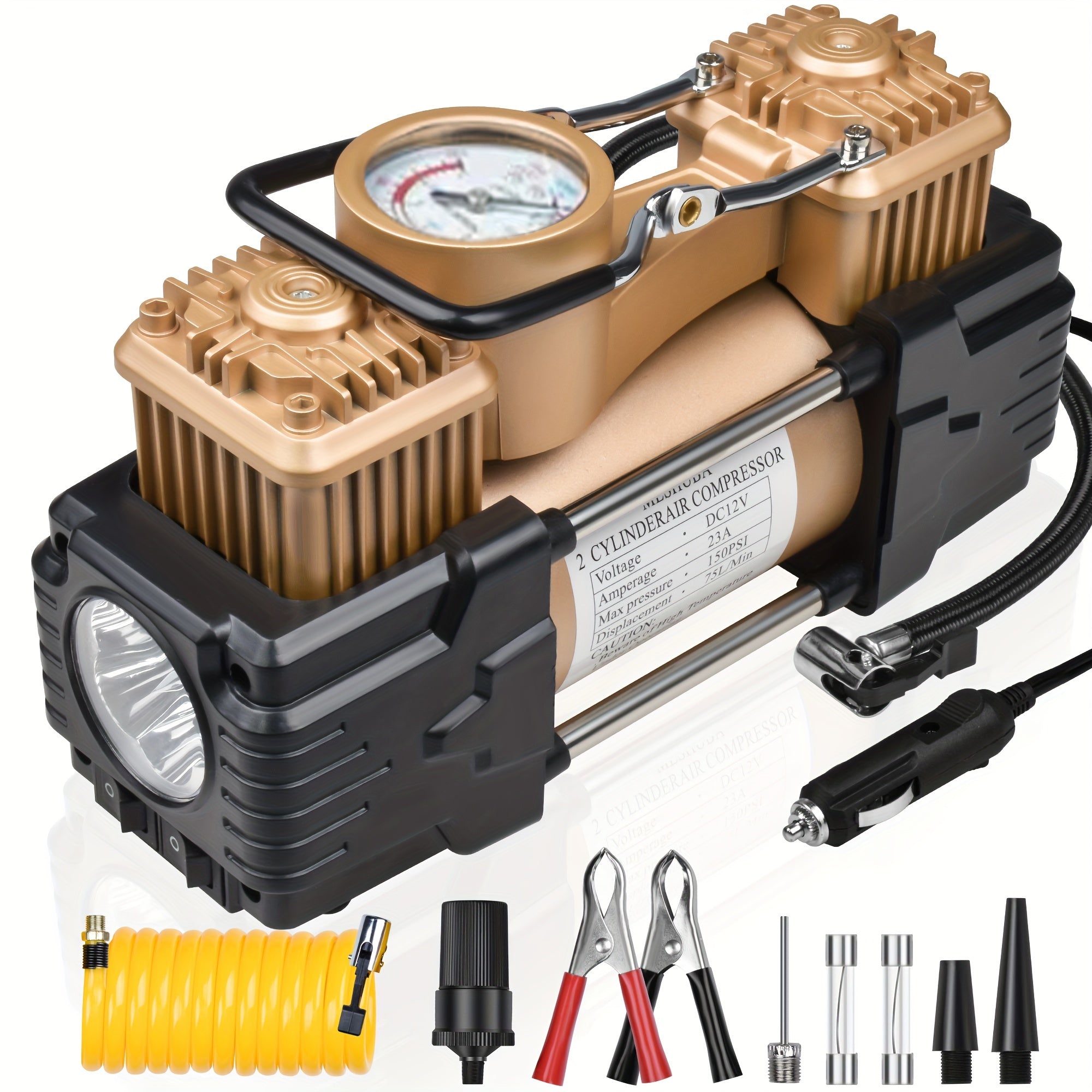 Meshuba Og'ir Vaznli 12V Ikki Silindrli Havo Kompressori, Aniq O'lchov va Favqulodda Chiroq bilan - Avtomobillar, Velosipedlar, SUVlar uchun Portativ Shina Inflatori - Shlang, Klamp, Ignalar, Olib Yurish Sumkasi bilan birga.