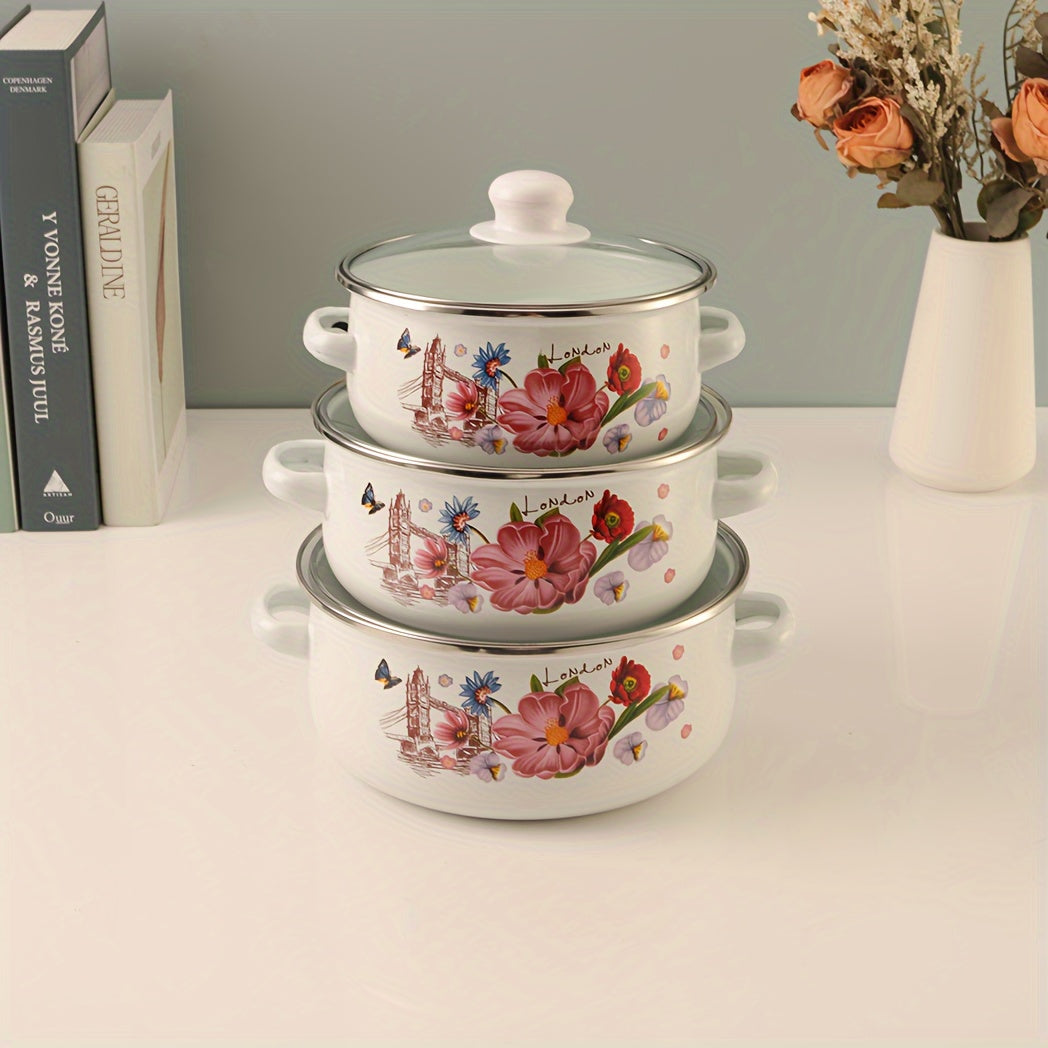 Set of 3 Enamel Cookware with Glass Lids for Soups and Stews Gas Stove Compatible