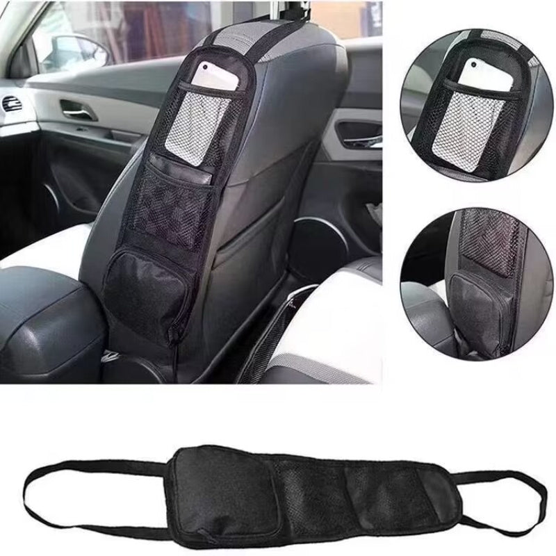 Black Nylon Car Seat Organizer with Mesh Pockets for Vehicle Storage