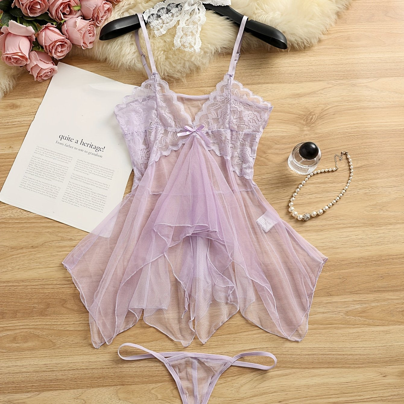 Women's Sheer Lace Lingerie Set with Bow Cami Dress and Thong