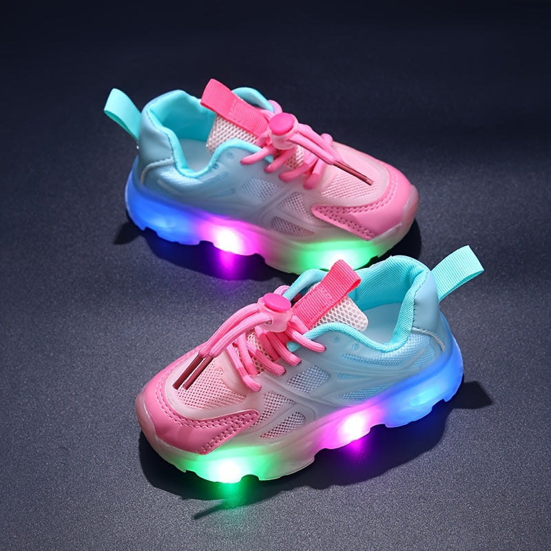 Kids Summer Racing Flats with LED Lights Glitter Stripes Low Top Breathable Mesh Sneakers