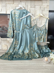 Plus Size Satin Robe Set Women Cherry Blossom Print Long Sleeve Cami Nightgown Shorts