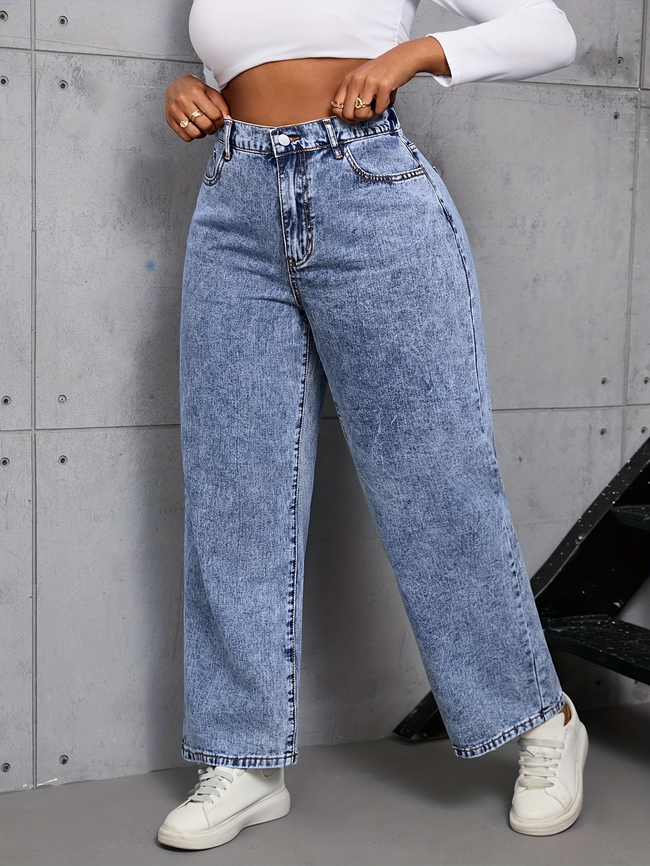 Plus Size High Waist Straight Leg Jeans Casual Washed Denim Solid Color Wide Leg Pants