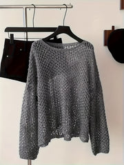 Women Plus Size Light Gray Crochet Sweater Long Sleeve Round Neck Pullover