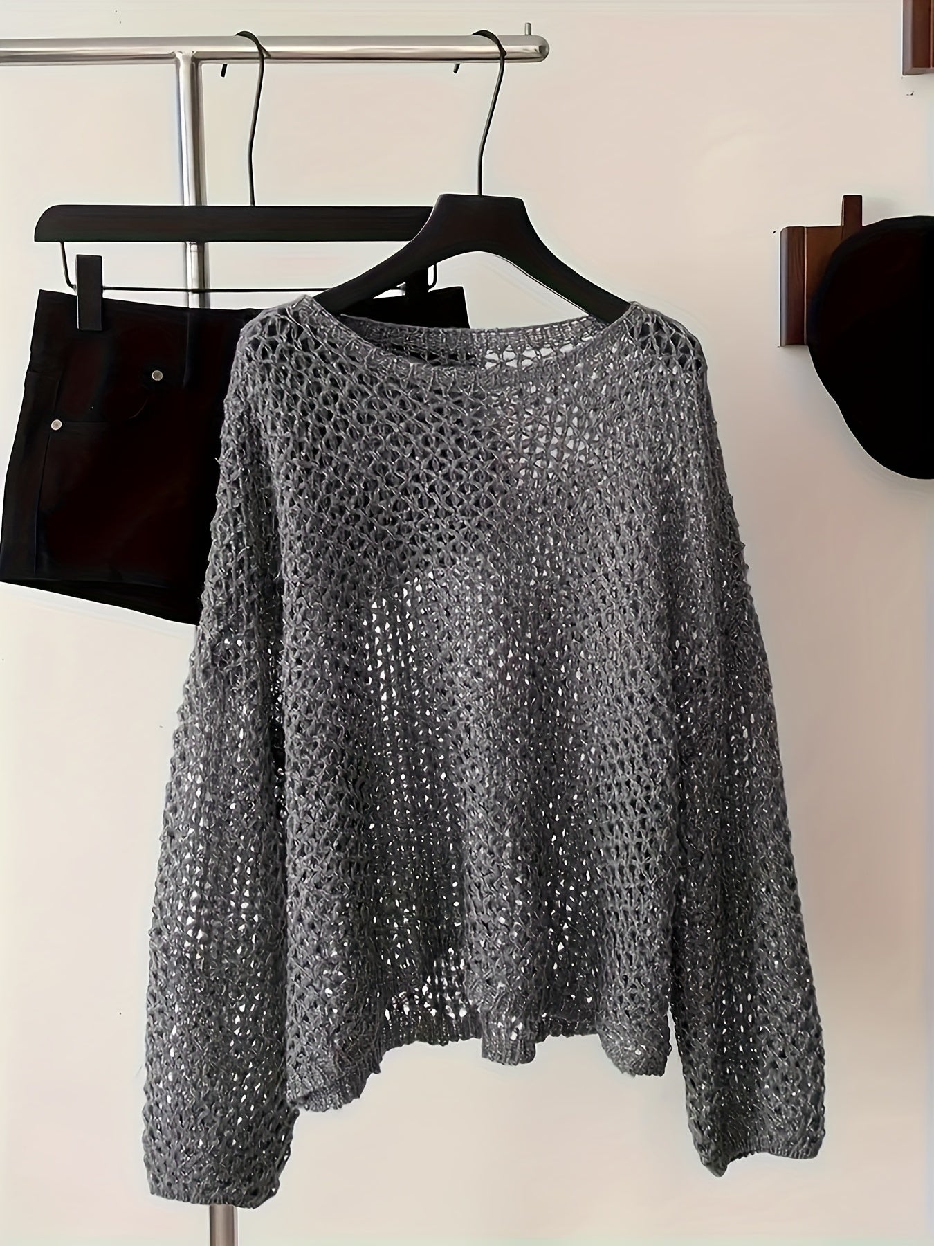 Women Plus Size Light Gray Crochet Sweater Long Sleeve Round Neck Pullover