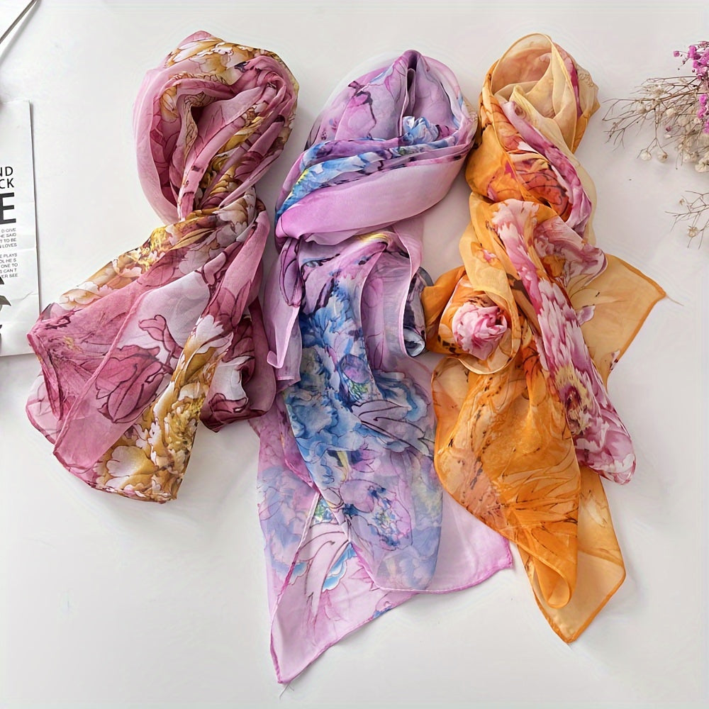 Women's Silk Scarf with Peony Design for Spring and Summer