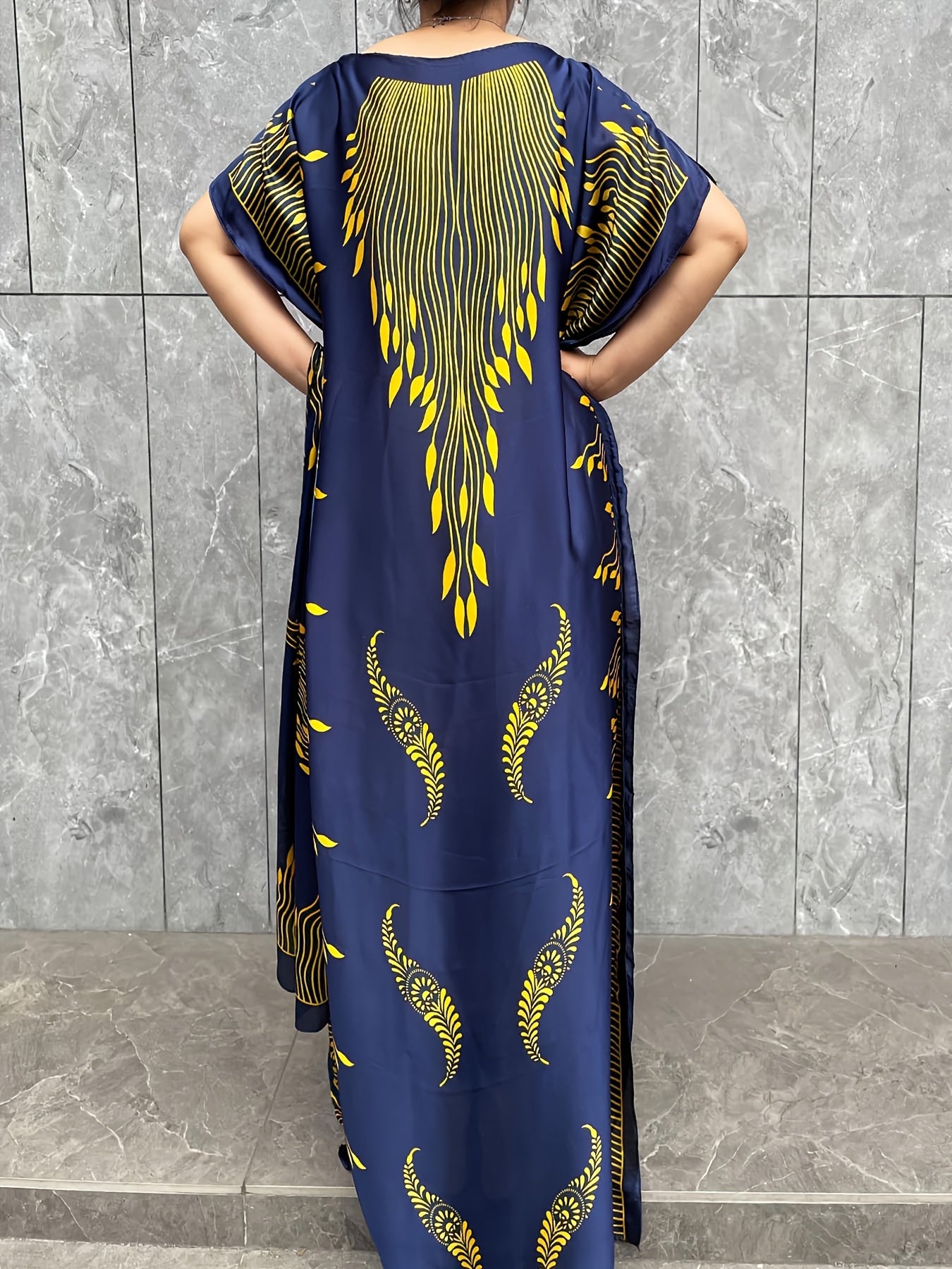 Plus Size Women's Batwing Sleeve Crew Neck Dress with Scarf Navy Blue Yellow Floral Fits All Seasons