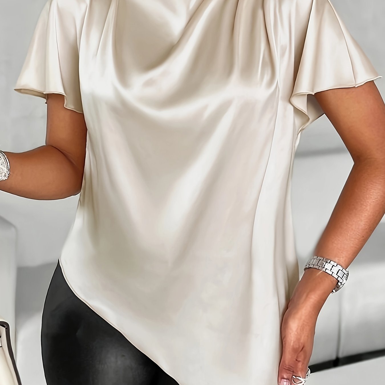 Women's Satin Blouse with Batwing Sleeves, Asymmetrical Hem, Solid Color