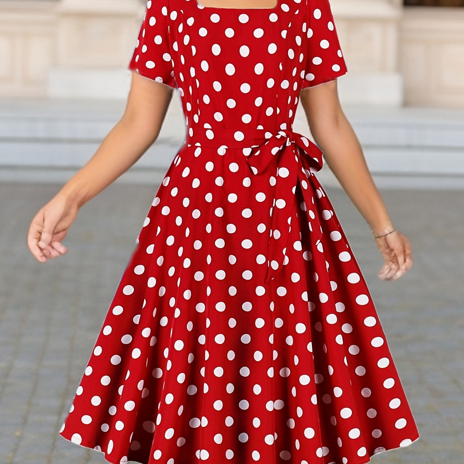 Polka Dot Print Square Neck Dress with Short Sleeves Belt for Women Spring Summer