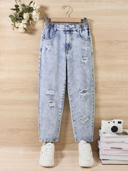 Girls' Denim Jeans Ripped Long Tapered Fit All-Season Casual