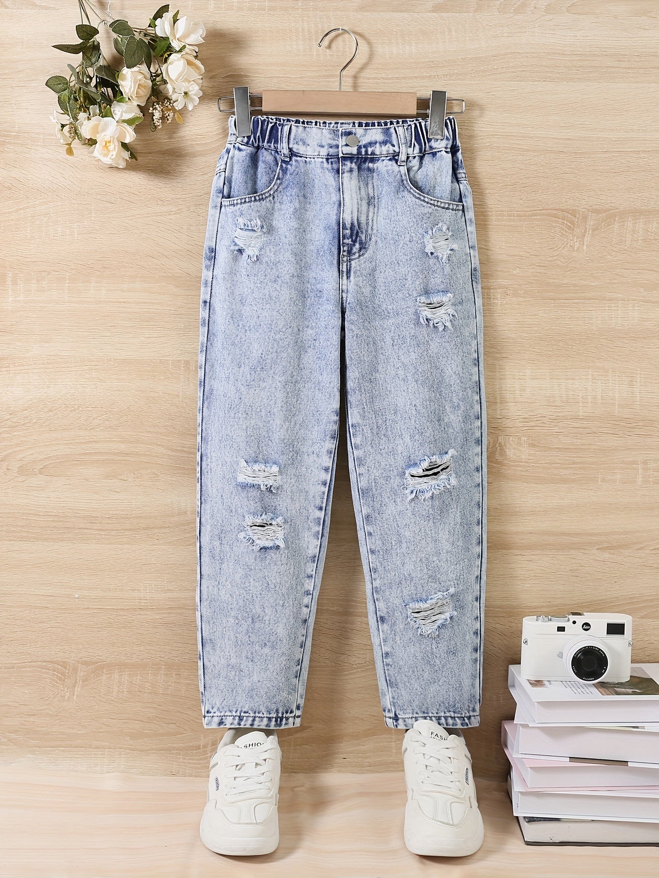 Girls' Denim Jeans Ripped Long Tapered Fit All-Season Casual