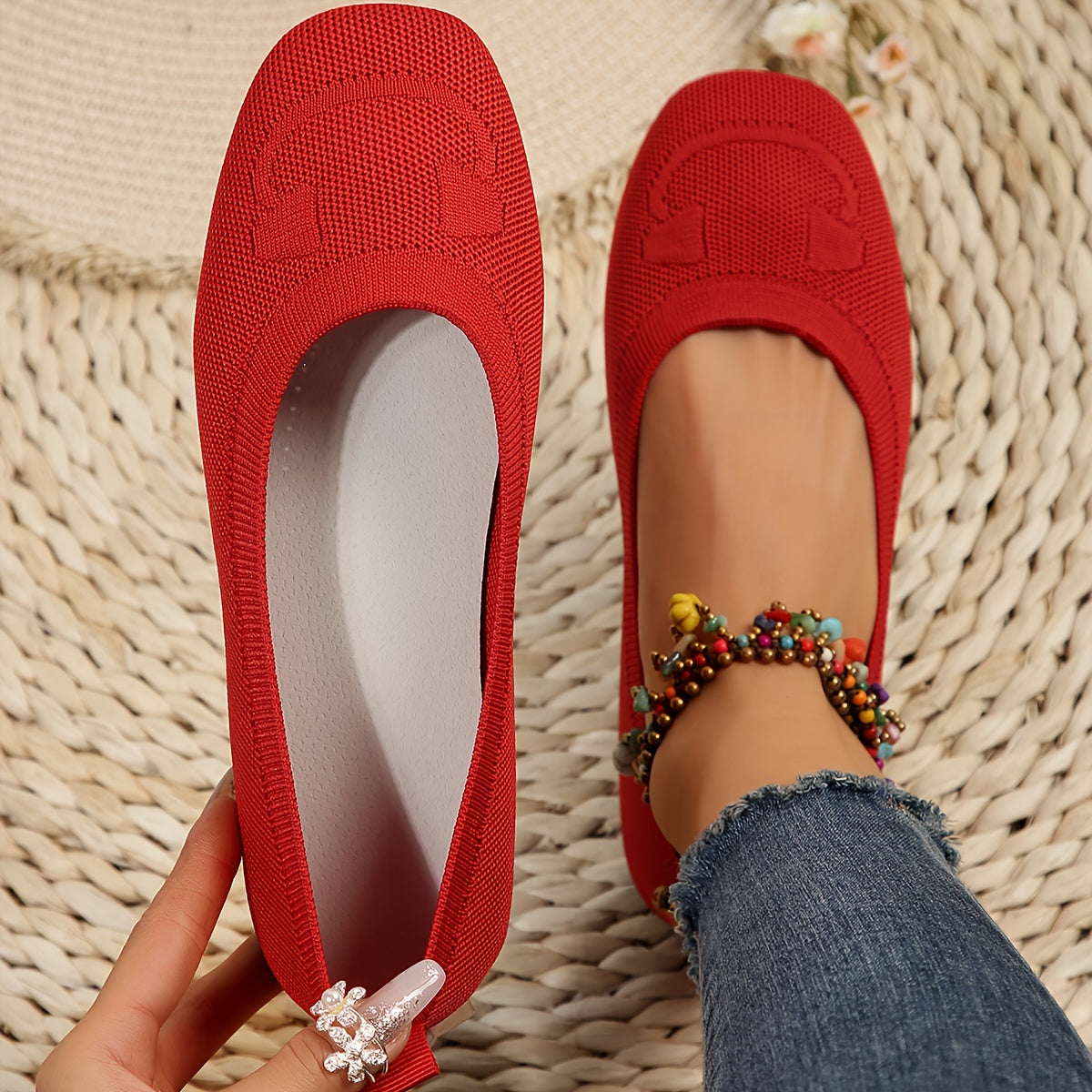 Women's Red Slip-On Knit Shoes Square Toe Breathable Casual Footwear