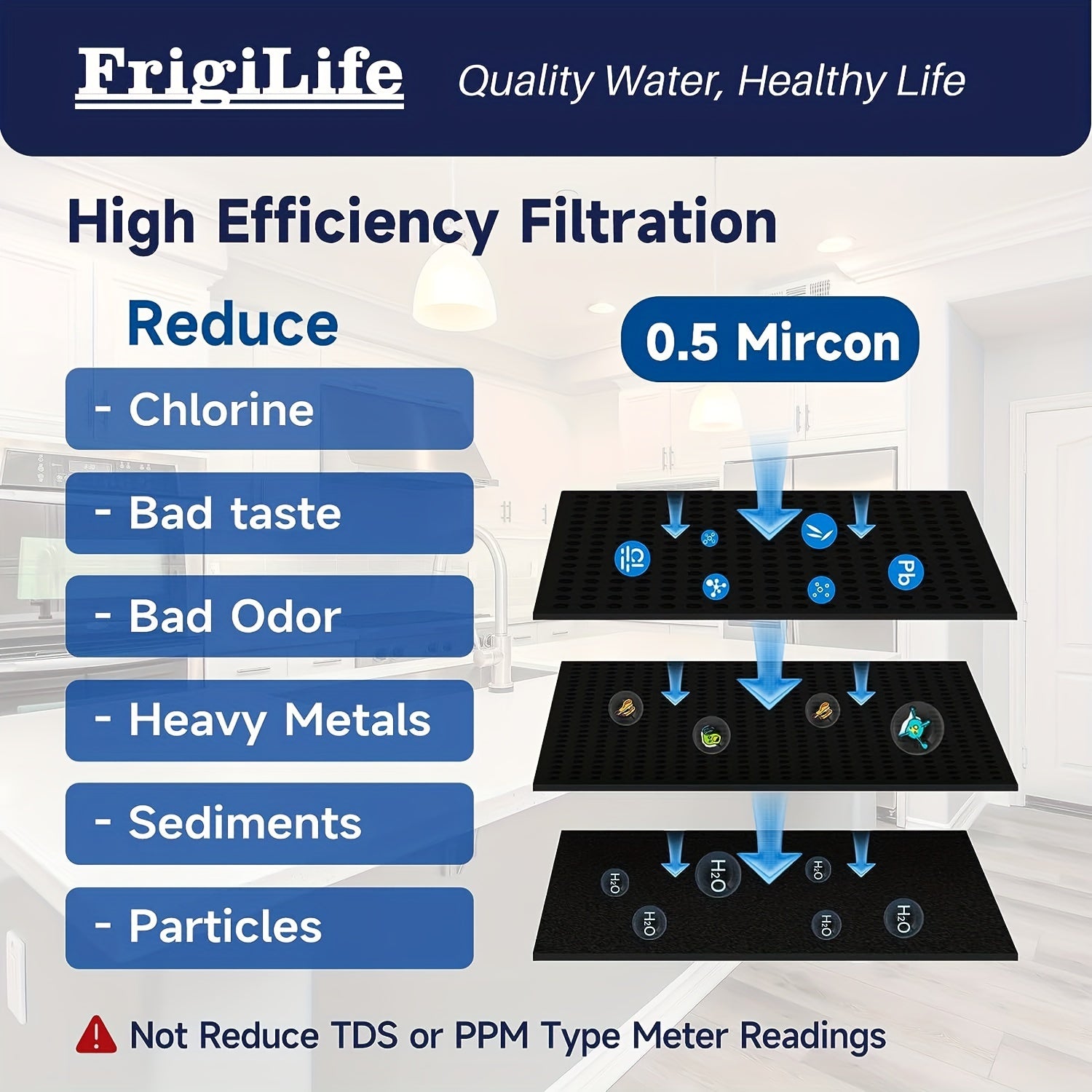 1pack FrigiLife Under Sink Water Filter System — bu toza ichimlik suvi uchun yuqori sig'imli yechim. 22,000 gallongacha filtrlash imkoniyatiga ega bo'lib, bu tizim to'g'ridan-to'g'ri stolingiz ostiga ulanadi va xlor, katta zarrachalar, yomon ta'm va