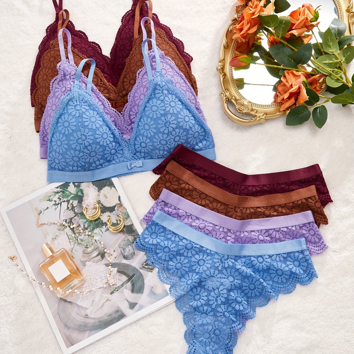 Floral Lace Lingerie Set with Triangle Cups and Scallop Trim Panties
