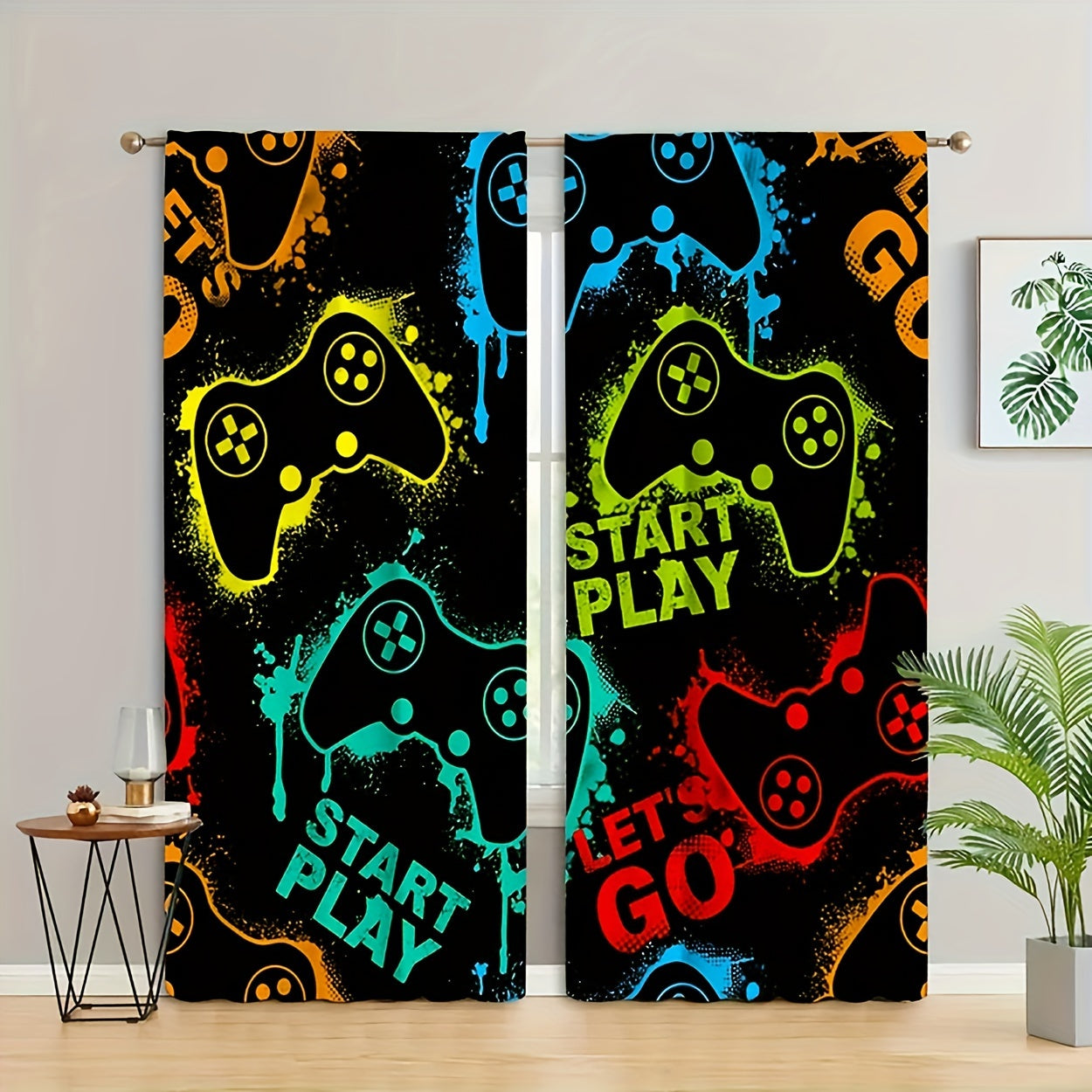 Set of Two Semi-Sheer Curtain Panels with Gaming Controller Prints for Light Filtering and Privacy
