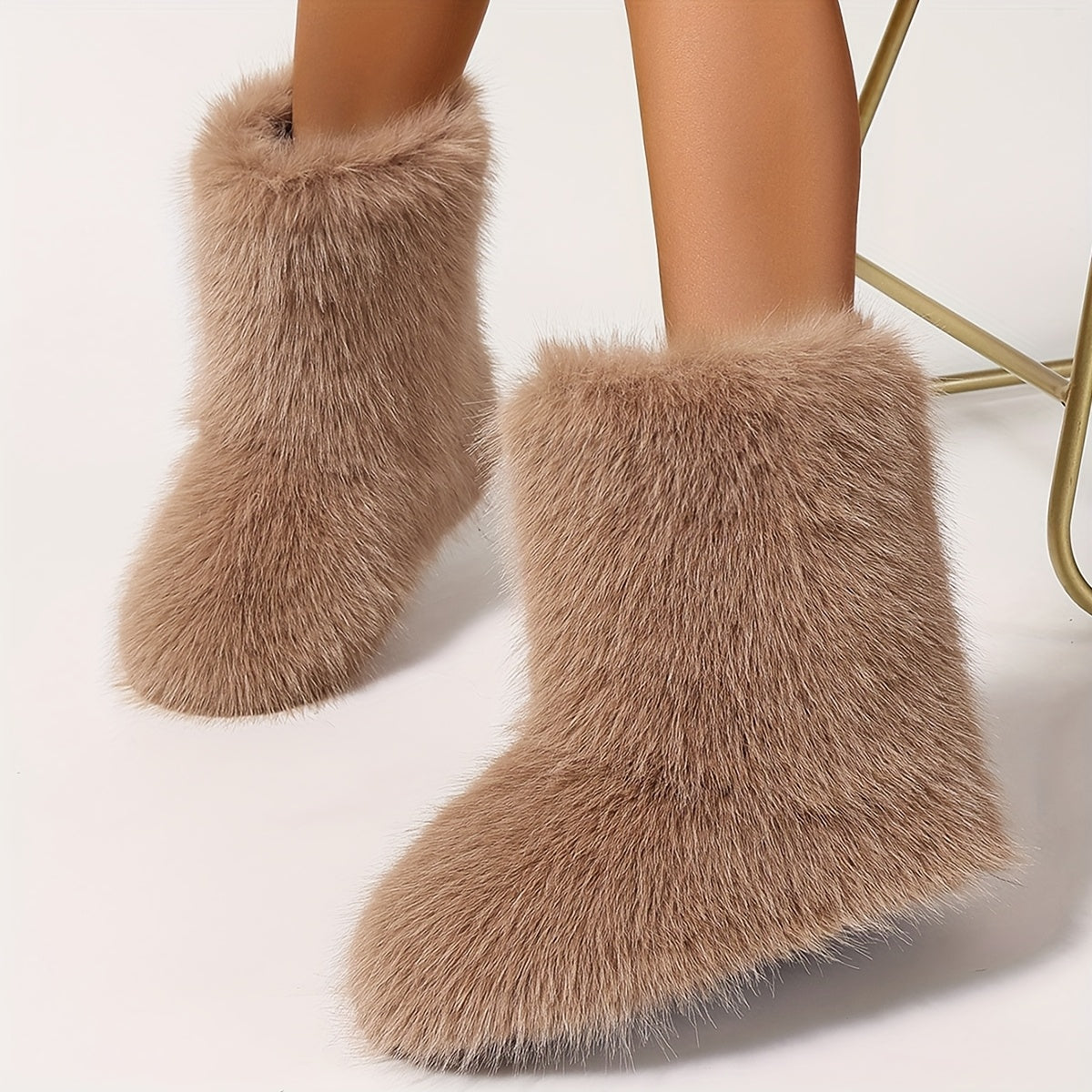 Women'S Winter High-Top Boots Faux Fur Mid-Calf Flat-Heeled Warm Shoes